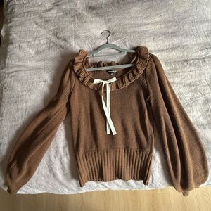 For love & Lemons Camel Ruffle Neck Sweater with bow / ribbon